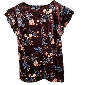 a.n.a. Top Velvet Short Ruffle Cap Sleeve Maroon with Floral Women's Size XS